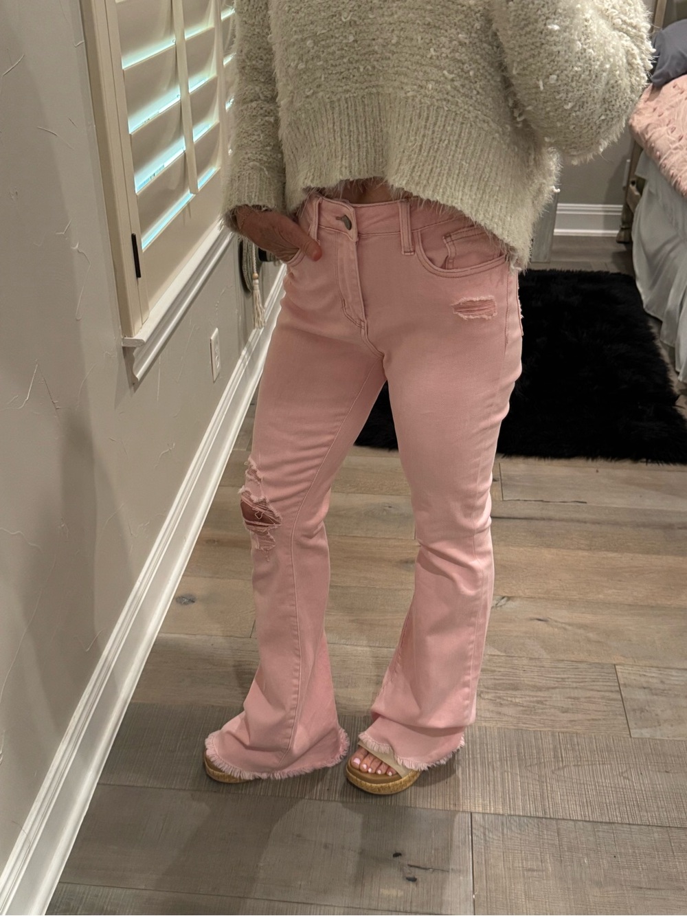 Judy Blue High-Rise Pink Flare Jeans with Distressed Knee - Picture 6 of 13